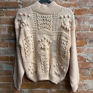 Jamie Scott Hand Knit Pom-Pom Cable Knit Cream Mock Neck Sweater Women’s S NWT